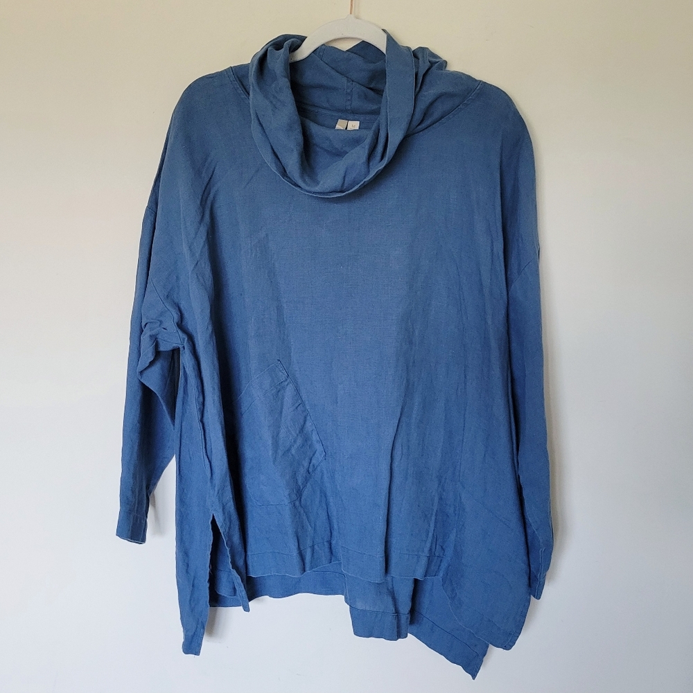 Comfy USA 100% Linen Tunic Top Lagenlook Blue Cowl Neck Pockets